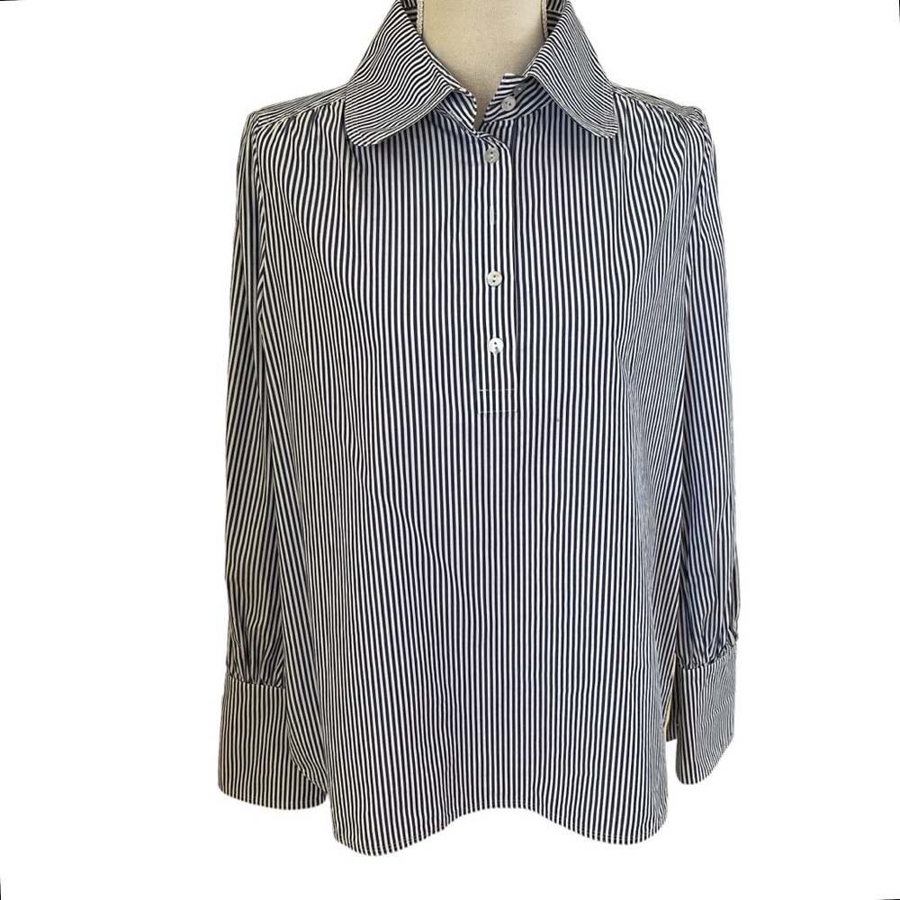 Charles Nolan NY White/Blue Pinstripe Round Collar 3/4 Button Cotton Shirt